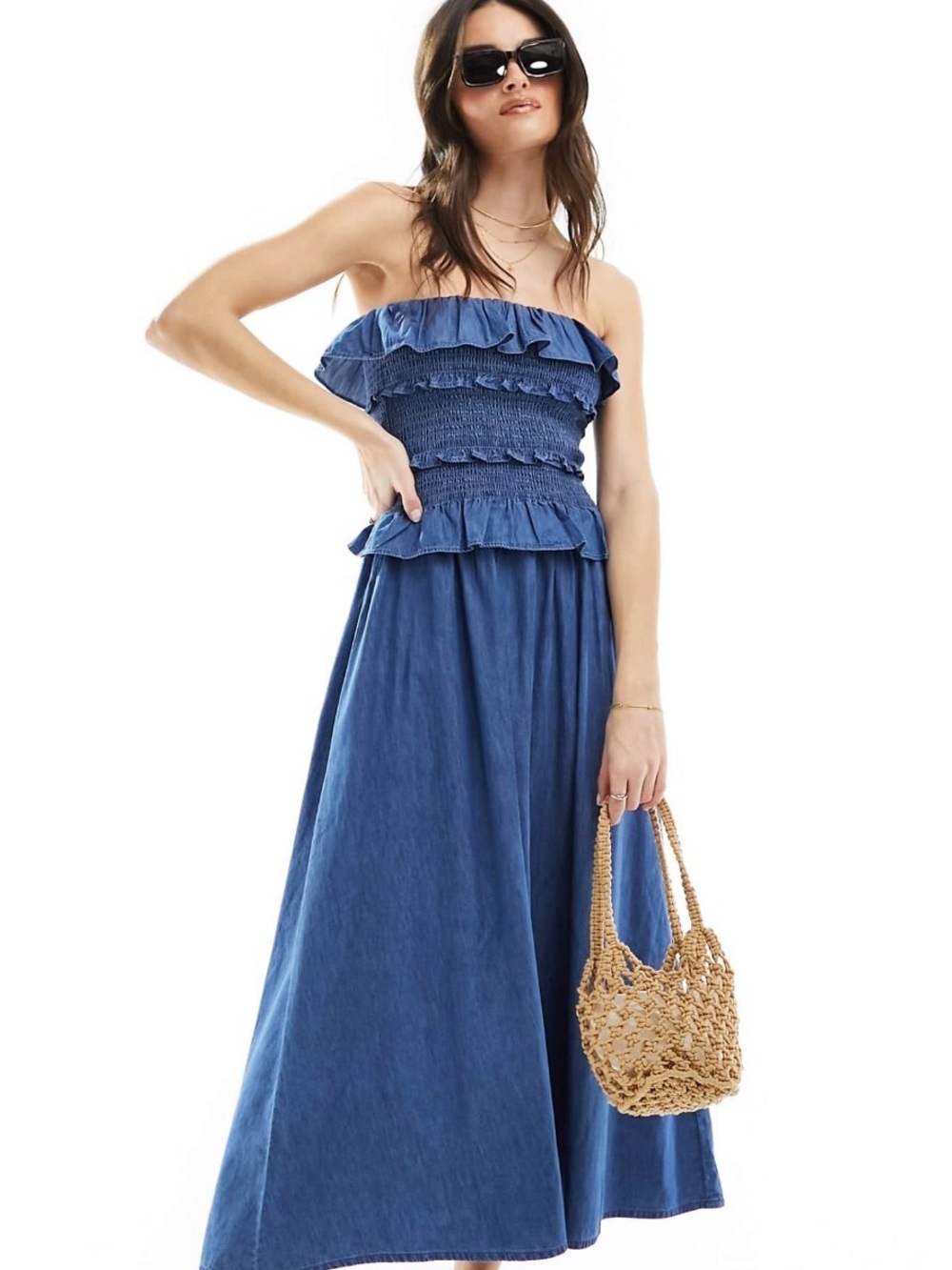ASOS Strapless Ruffled Smocked Soft Denim Maxi Dress